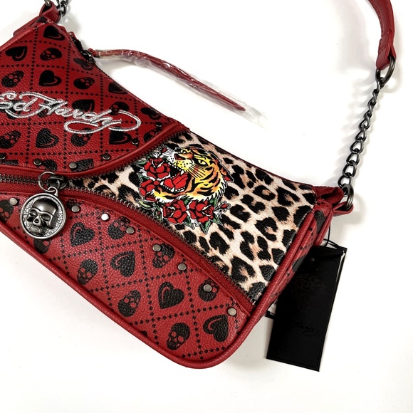 NWT Ed Hardy Red Leopard Tiger Skull Heart Shoulder Crossbody Bag Tattoo Skull - Picture 1 of 8
